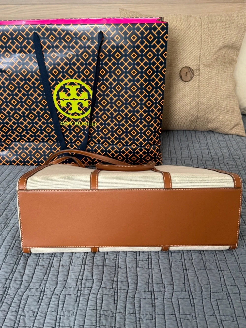 Tory Burch Blake Canvas Tote with Brown Leather Trim